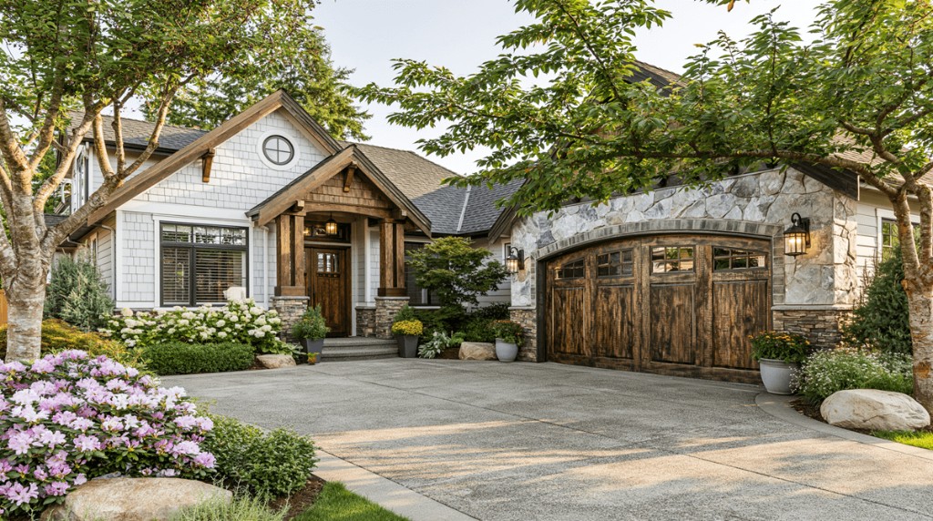 An attractive modern wood garage door on a well-kept suburban home.