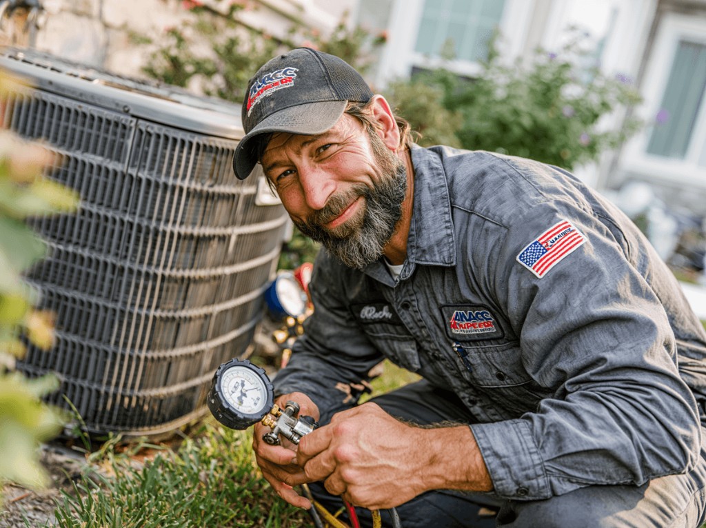 Uniformed HVAC technician servicing an outdoor AC condenser unit at a suburban home.