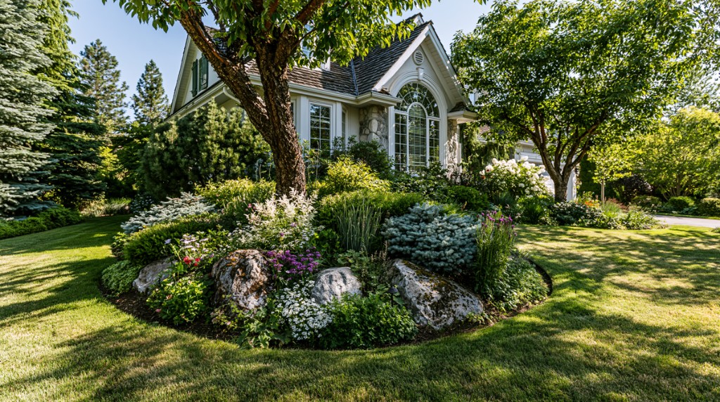 A beautifully landscaped yard with fresh planting beds at an attractive home.