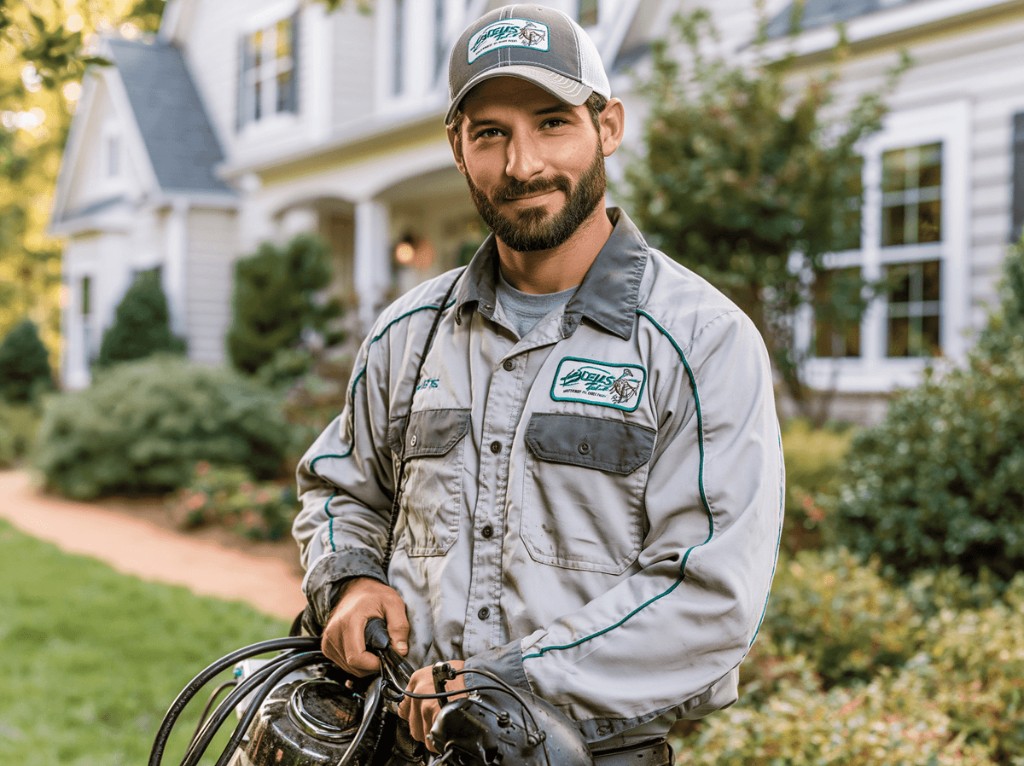 Uniformed pest control technician with equipment, ready to win the first job at a suburban home.