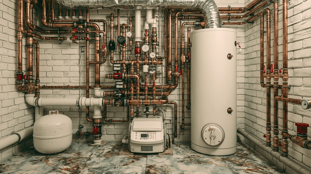 Clean water heater and copper pipe install in a tidy mechanical room.