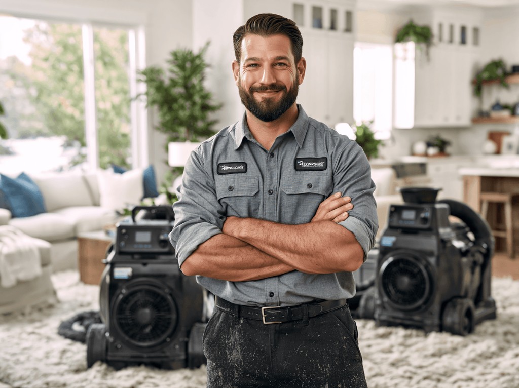 Uniformed restoration technician with drying equipment in a clean, restored home.